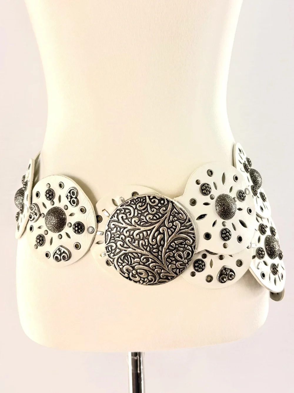 Vintage White Leather Wide Decorative Disc Belt with Silver Accents